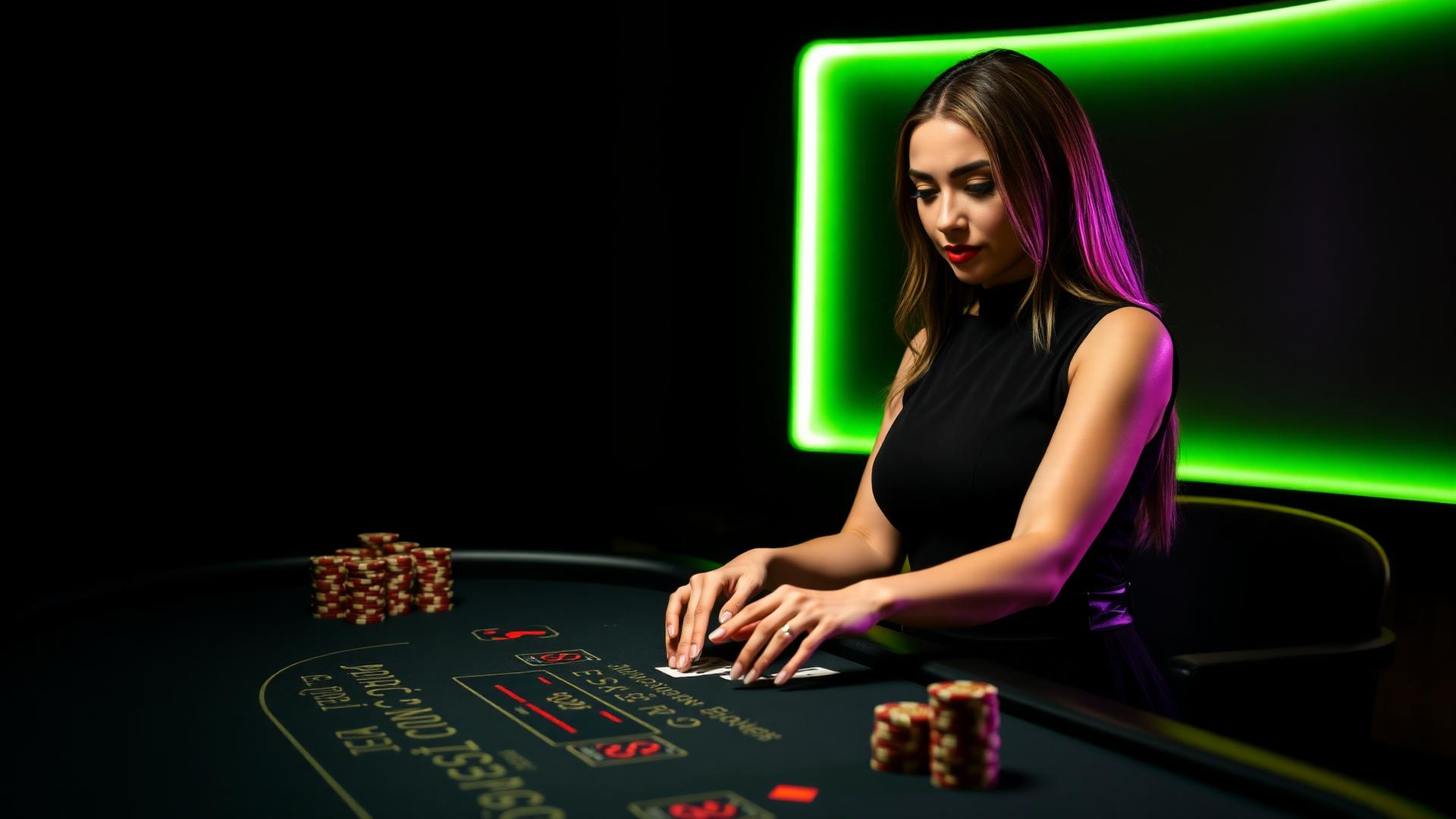Midnite live casino dealer in front of a neon lit blackjack table